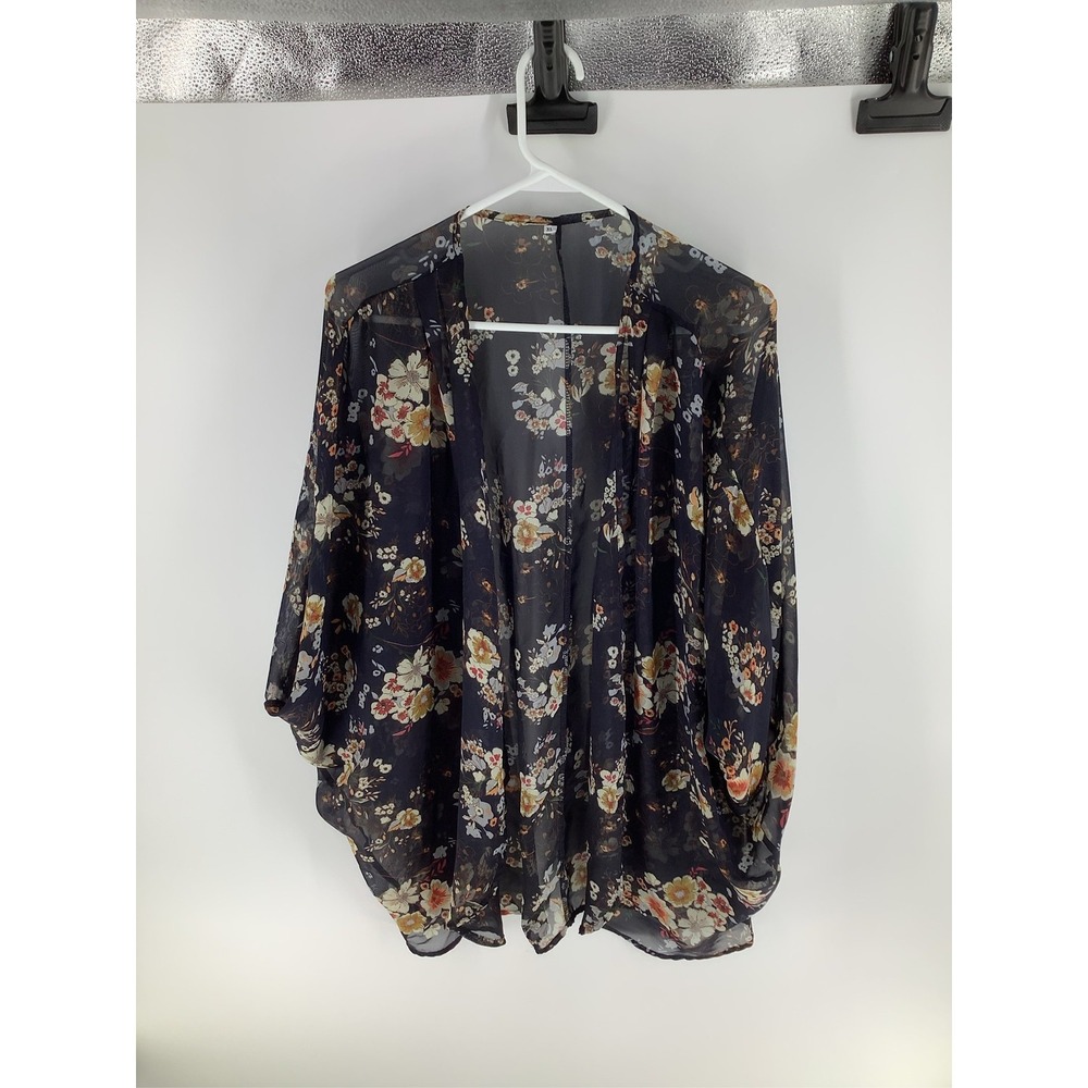 Womens Black Floral Sheer Kimono Cardigan Open Front Boho Cover Up